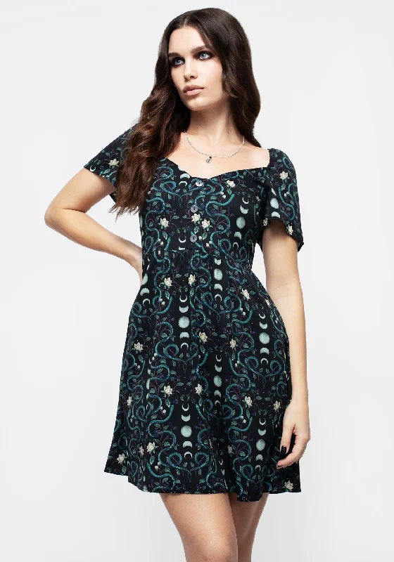 ladies-mini-dress-sophisticated-snap-Pythia Print Button Front Mini Dress