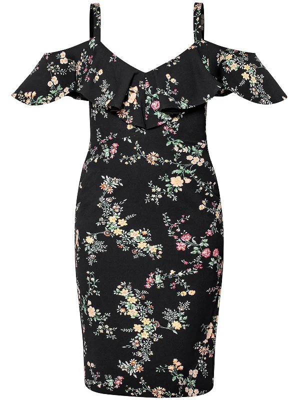 ladies-midi-dress-puff-sleeve-pride-Plus Marcella Womens Cold Shoulder Floral Midi Dress