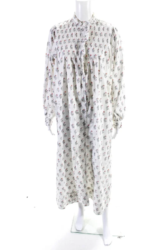 ladies-shirt-dress-geometric-pattern-Doen Womens Pintuck Floral Puff Sleeve Frill Neck Shirt Dress White