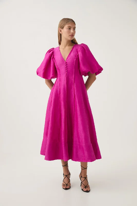 ladies-midi-dress-fuchsia-flow-Dusk Puff Sleeve Midi Dress