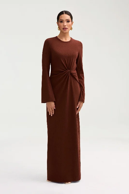 Women's maxi dress dot ripple -Aissia Ribbed Twist Front Maxi Dress - Chocolate