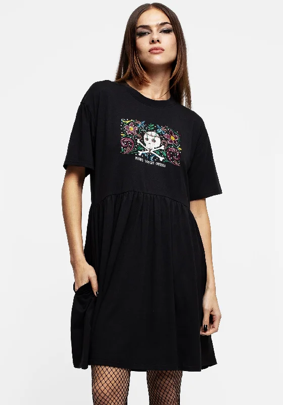 ladies-mini-dress-structured-style-Death Conquers All Floral Skull Embroidered Mini Skater Dress