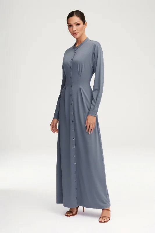 Women's maxi dress tuck ripple -Ivy Jersey Button Down Maxi Dress - Dusk Blue