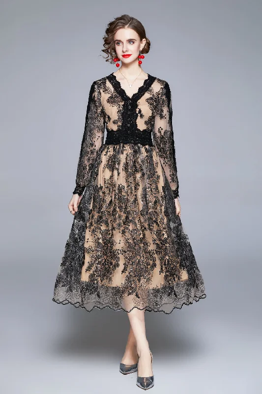 ladies-midi-dress-plunge-poetry-Black & Apricot Evening A-line V-neck Long Sleeve Midi Lace Dress