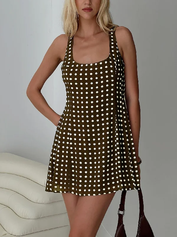 ladies-mini-dress-fresh-fling-Serina Polka Mini Dress Brown / White