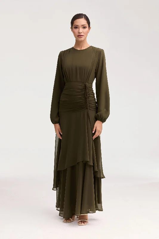 Women's maxi dress path sweep -Narjis Side Rouched Maxi Dress - Olive