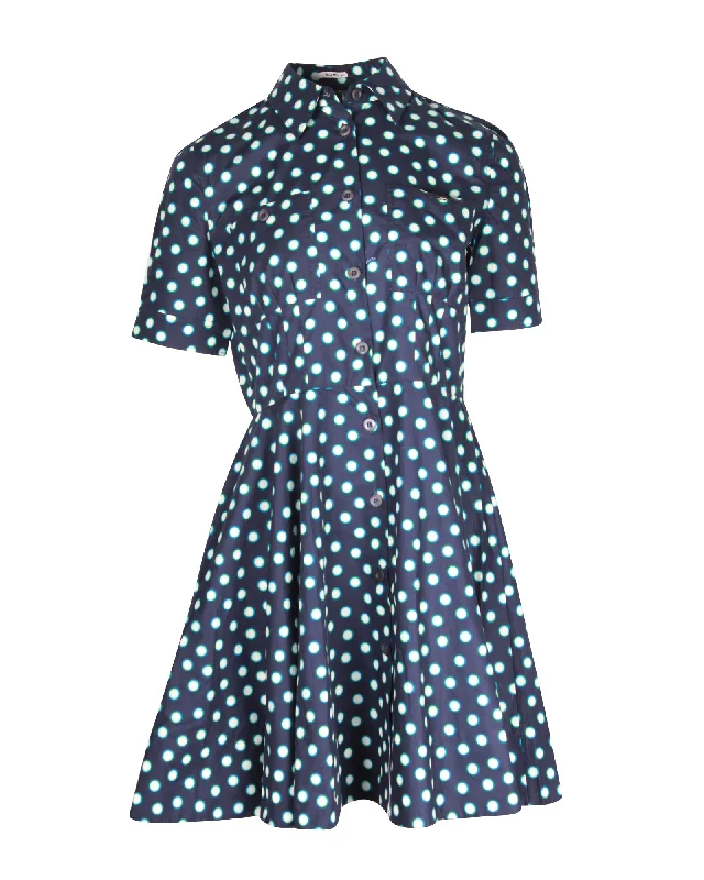 ladies-shirt-dress-padded-shoulder-Miu Miu Polka Dot Shirt Mini Dress in Navy Blue Cotton