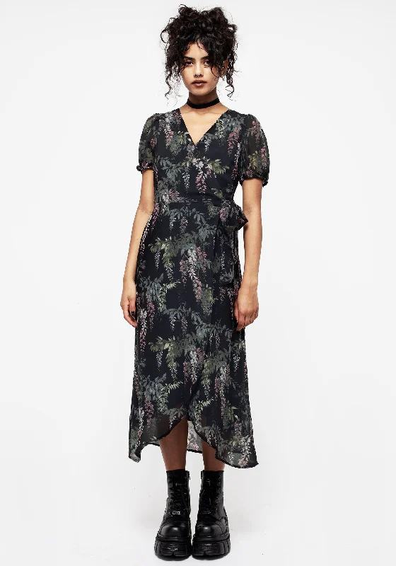 ladies-midi-dress-festival-flow-Wisteria Floral Print Chiffon Midi Wrap Dress