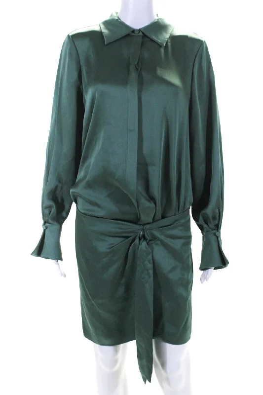 ladies-shirt-dress-weekend-wear-Jonathan Simkhai Womens Wrap Waist Satin Shirt Dress Park Slope Green