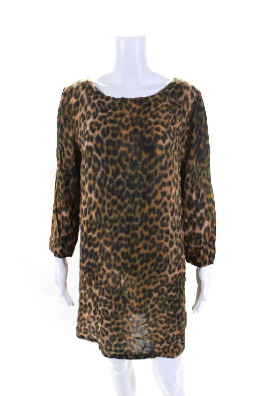 ladies-shirt-dress-midi-classic-Zimmermann Womens Animal Print Long Sleeves Shirt Dress Brown Black