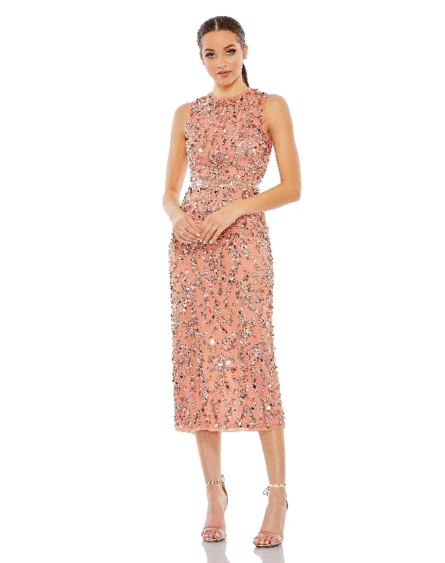 ladies-midi-dress-rose-ripple-Sequined, high neck, sleeveless sheath midi dress