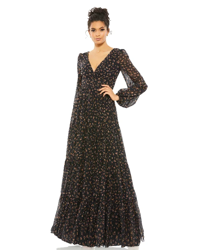 Women's maxi dress free flow -Floral Tiered Long Sleeve Maxi Dress