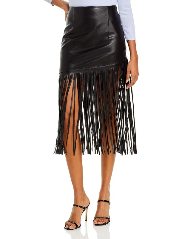 ladies-midi-dress-cocktail-chic-Womens Vegan Leather Fringe Midi Skirt